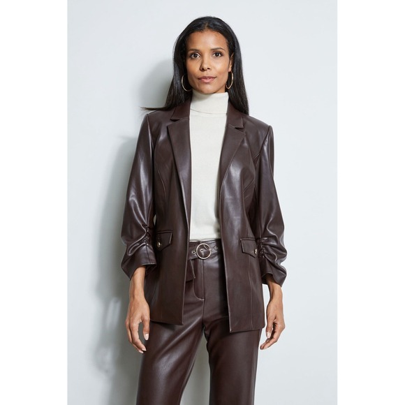 T-Tahari Vegan Leather Ruched Sleeve Blazer Size 14 - Picture 2 of 15